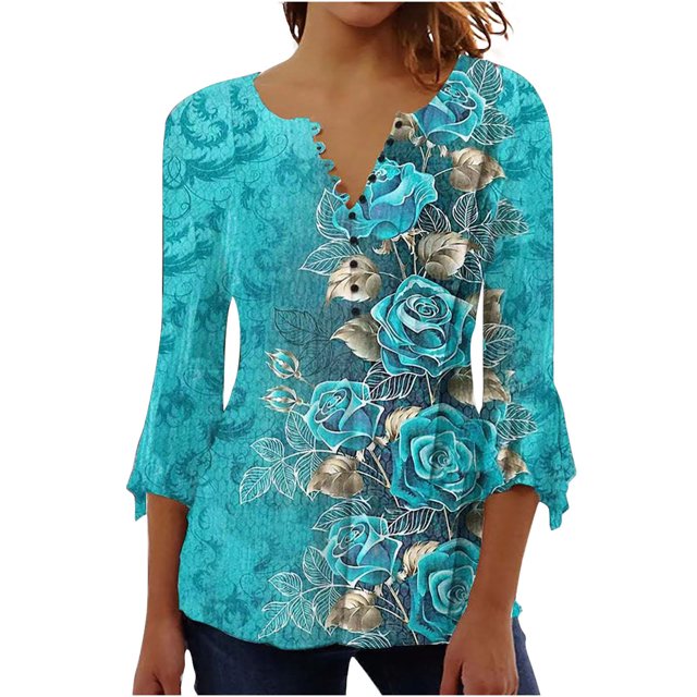 XZNGL 3/4 Sleeve Tops for Women Womens Casual Trumpet 3/4 Sleeve Printed Buttoned Basic Ruched Tops Pleated Blouses Women Blouses and Tops Fashion Womens Tops 3/4 Sleeve