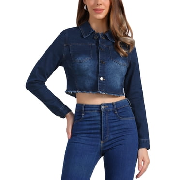 INSPIRE CHIC Veste en Denim Courte Délavée pour Femme, Rentrée Scolaire, à Col Rabattu, Effilochée, Boutonnée, Printemps Été, Bleu Nightfall, S