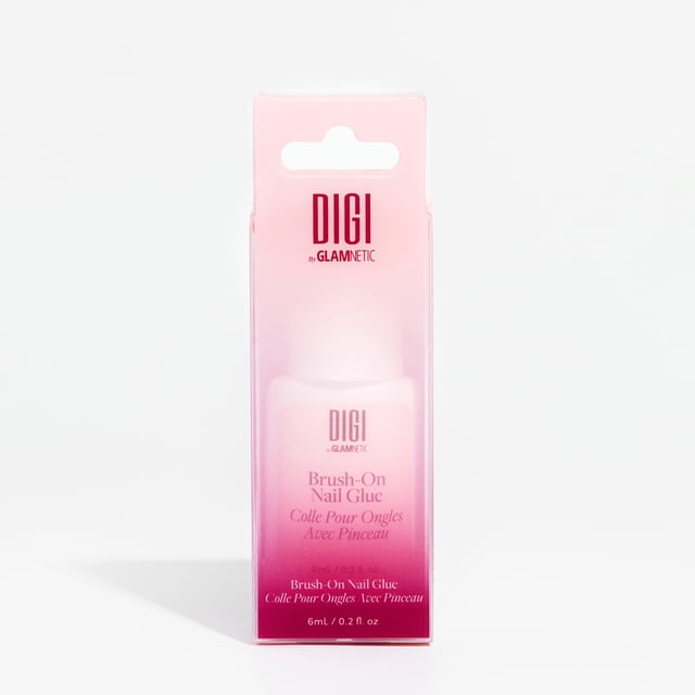 DIGI By Glamnetic Colle à Ongles à Presser dans une Boîte Dégradé Rose avec Texte Rouge, Contenant une Bouteille de 6 ml (0,2 fl oz) Conçue pour une Tenue Ultra Forte et à Séchage Rapide et une application Précise des Ongles à Presser avec un Pinceau Intégré.