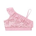thumbnail image 3 of Yartina Kids Girls Asymmetrical Ruffled Sequin Performance Crop Tops Modern Jazz Hip Hop One Shoulder Dance Costume Pink 8, 3 of 7