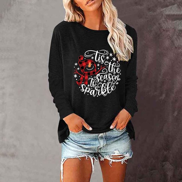 T-shirts Surdimensionnés pour Femmes Imprimé Décontracté Noël Manches Longues Col Rond Hauts Blouse pour Femmes en Solde