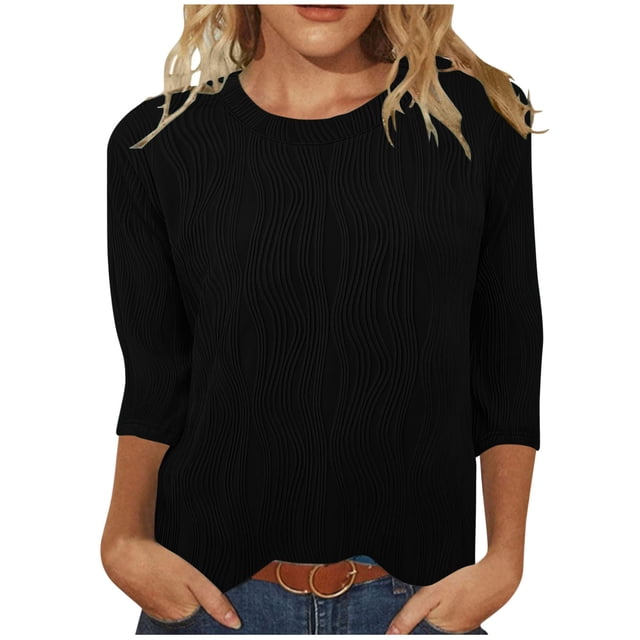 Timegard Hauts d'Été pour Femmes Col Rond Manches 3/4 Couleur Unie Chic Décontracté Chemises Amples Hauts Blouse