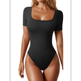 thumbnail image 1 of Women's 2 Piece Bodysuits Ribbed Square Neck Short Sleeve Bodysuits Black L, 1 of 6