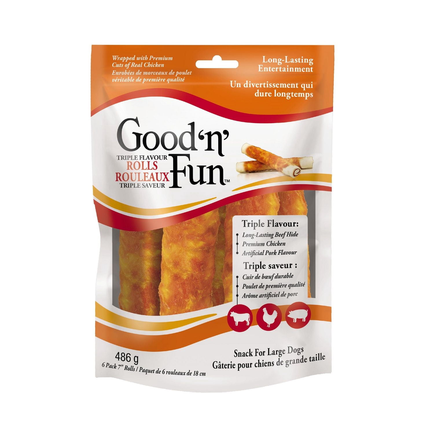 Good'N'Fun Triple Flavour Chews for Large Dogs, 17 Ounces, Treat Your Dog to Long-Lasting Chews Made with Beef Hide, Chicken and Artificial Pork Flavour