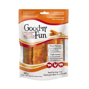 Good'N'Fun Triple Flavour Chews for Large Dogs, 17 Ounces, Treat Your Dog to Long-Lasting Chews Made with Beef Hide, Chicken and Artificial Pork Flavour