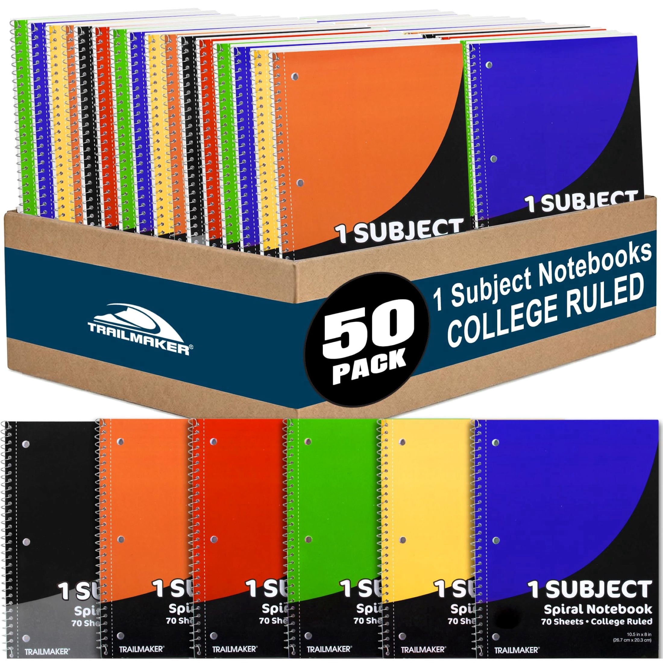 Trailmaker Bulk Notebooks (50 Pack), One Subject Notebooks College Ruled, 140 Pages (70 Sheets),Spiral Bulk Notebooks for Kids, School Supplies, Journaling, Note Taking, Students, and Work