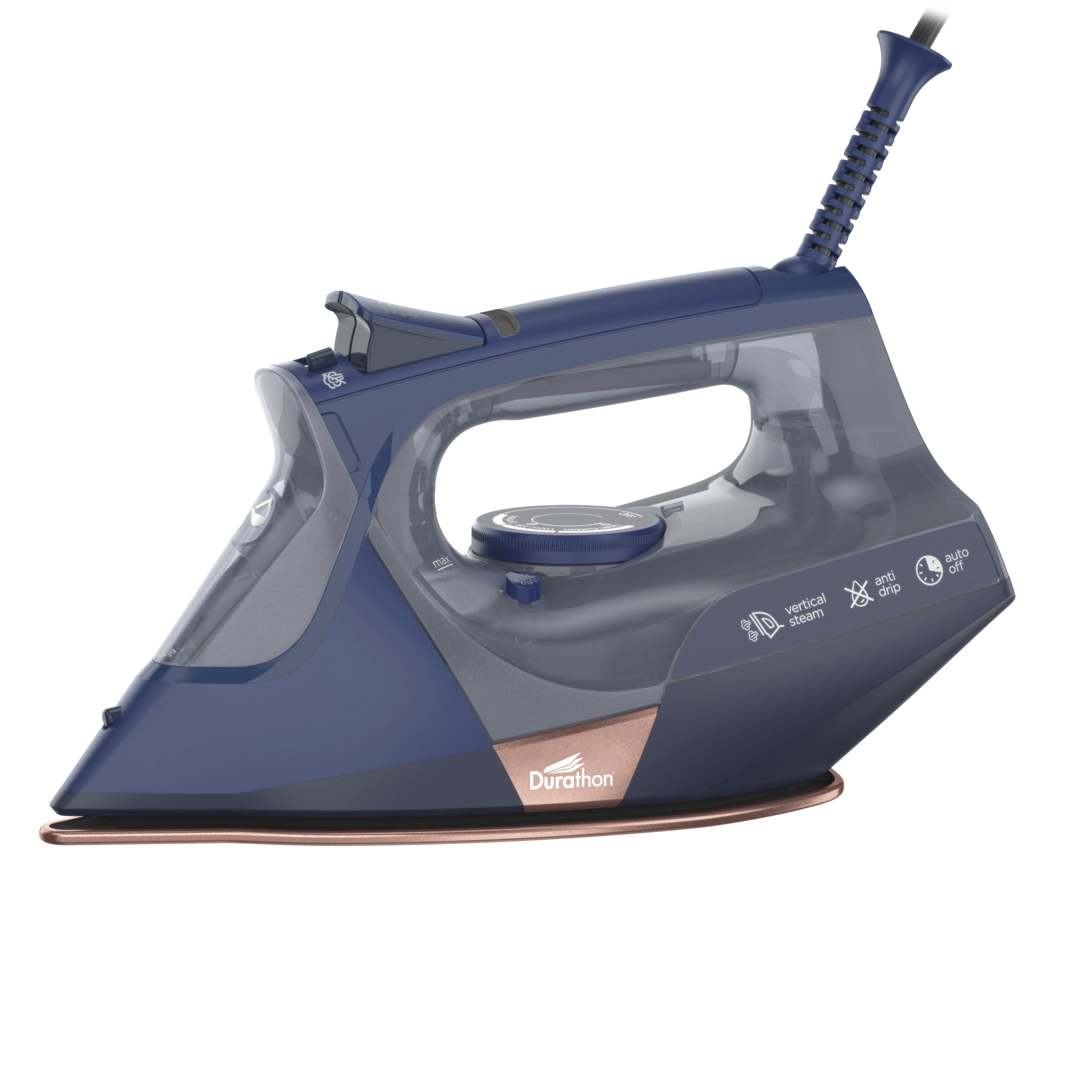 Fer à vapeur Durathon de Hamilton Beach avec semelle antiadhésive, plus de 400 trous de vapeur, arrêt automatique, système antigoutte, cordon extra long, 1 500 W, bleu marine