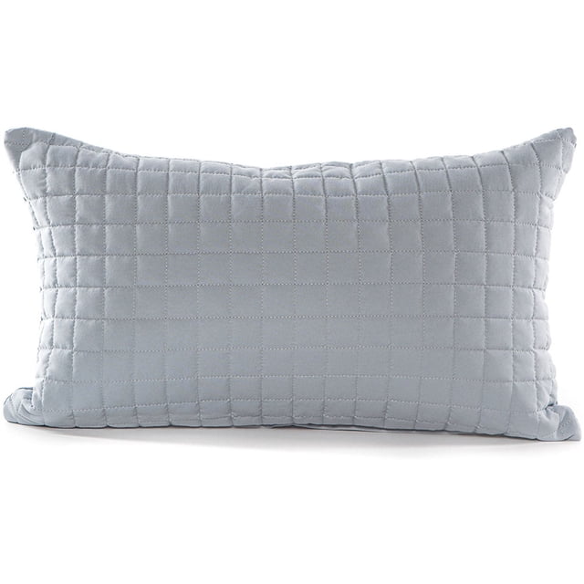Gouchee Design Grid Long Cushion in cement color with quilted grid pattern, brushed microfiber polyester fabric, filled with Canadian polyester fiber, measuring 20 by 12 inches, featuring a zipper closure for easy shell removal and washing, ideal for decorative home use.