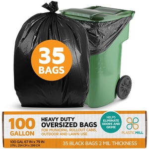 PlasticMill Heavy Duty Trash Bags - Black Garbage Bags - Plastic Trash Bags for Large Rolling Trash Bins - Tall Trash Bags - 100-Gallon Large Kitchen Trash Bags, 2 Mil, 67"x79" (35-Count)