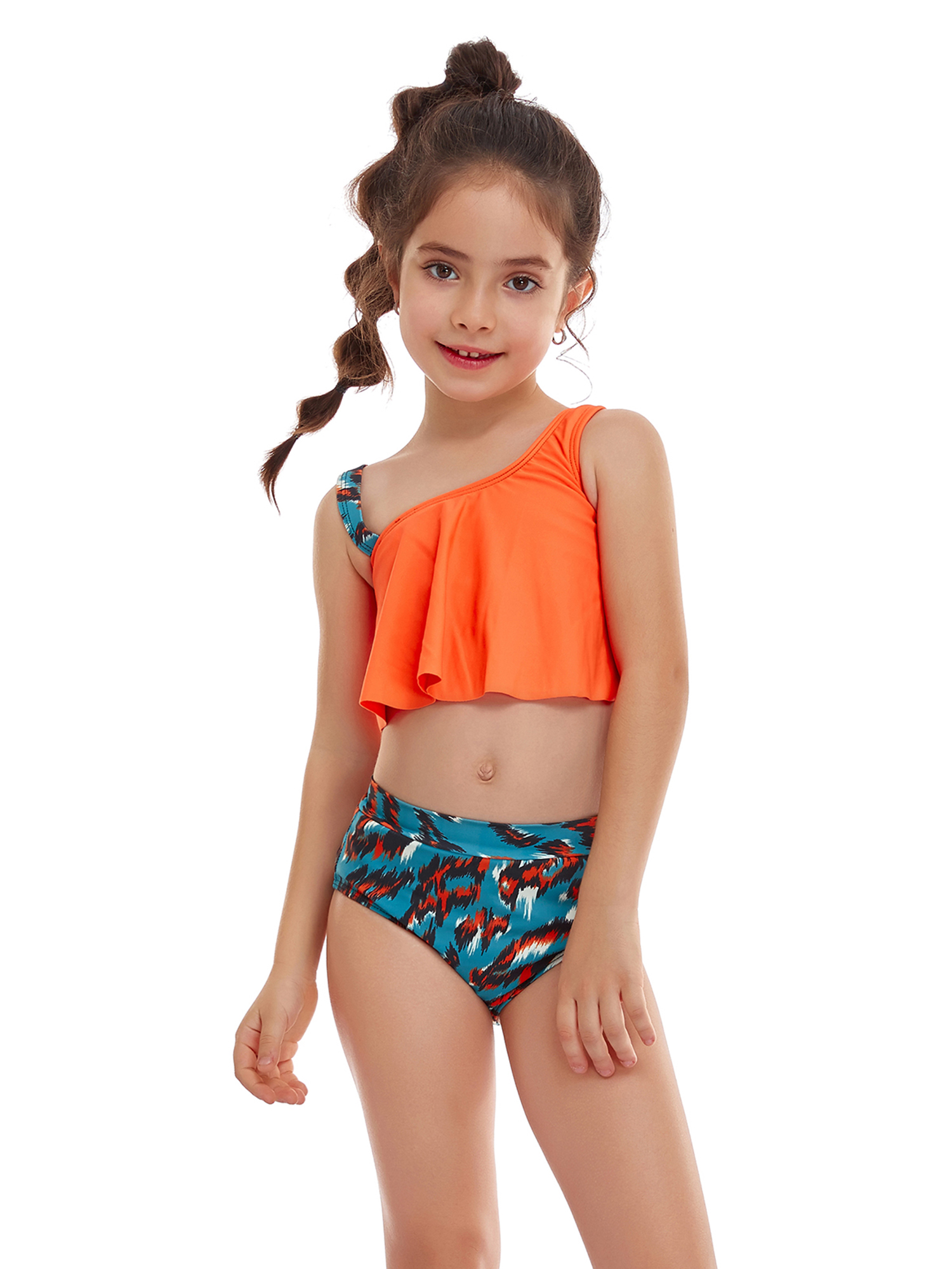 Faithtur Family Matching Swimwear Mom and Daughter Patchwork Bra Ruffled Tops with Briefs Beachwear