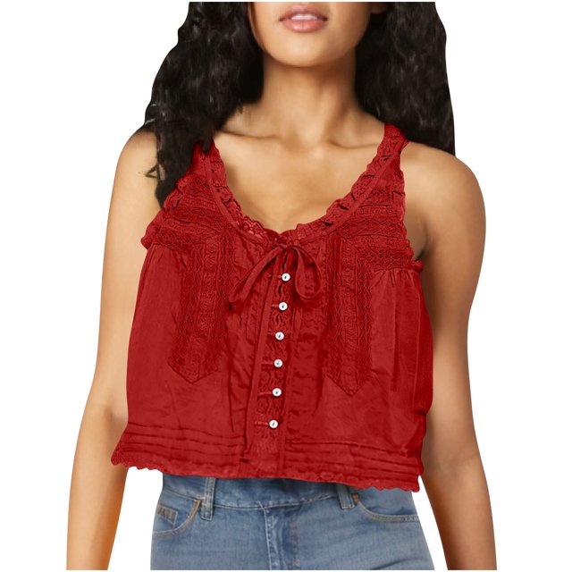 Timegard Tank Top for Women Lace U Neck Drawstring Sleeveless Ruched Button Summer Fashion Casual Tee