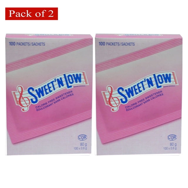 Sweet 'N' Low 100 Ct 80 g (Lot de 2) Montrant Deux Boîtes de Sachets d'Édulcorant Sans calories. Chaque Boîte Contient 100 Sachets, Équivalant en Douceur à Deux Cuillères à Thé de Sucre par Sachet. l'Emballage Rose Met en Valeur le logo Sweet'N Low et les Détails du Produit, Idéal pour Sucrer les Boissons et les Recettes Sans calories Ajoutées.