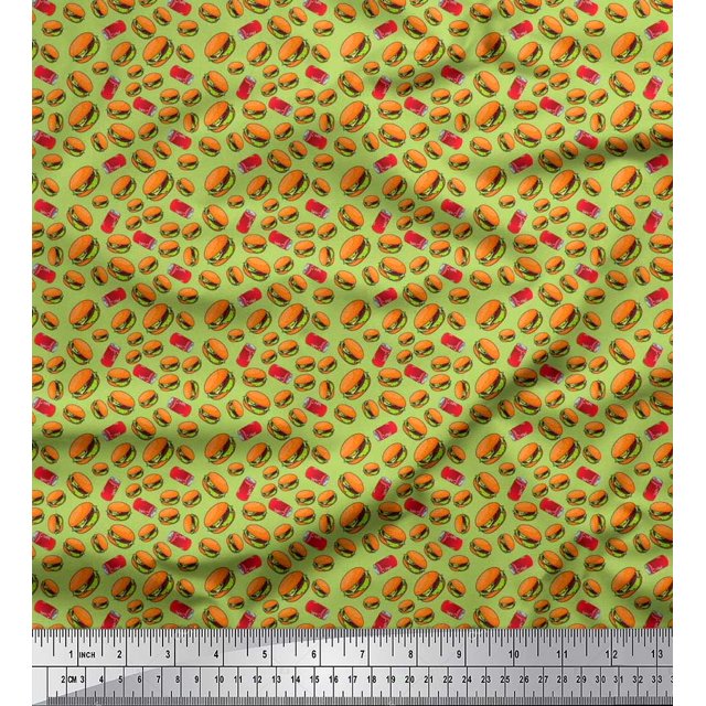Soimoi Polyester Crepe Fabric Coke & Burger Food Decor Fabric Printed Yard 42 Inch Wide