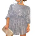 thumbnail image 1 of Robe de Soirée à Sequins pour Femmes, Manches Longues Scintillantes, Robe Cocktail Courte avec Ceinture, 1 of 3