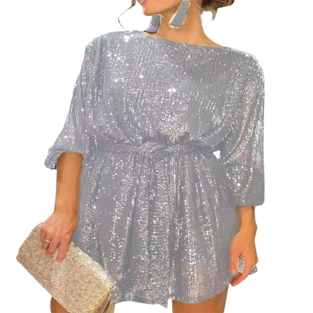 Robe de Soirée à Sequins pour Femmes, Manches Longues Scintillantes, Robe Cocktail Courte avec Ceinture
