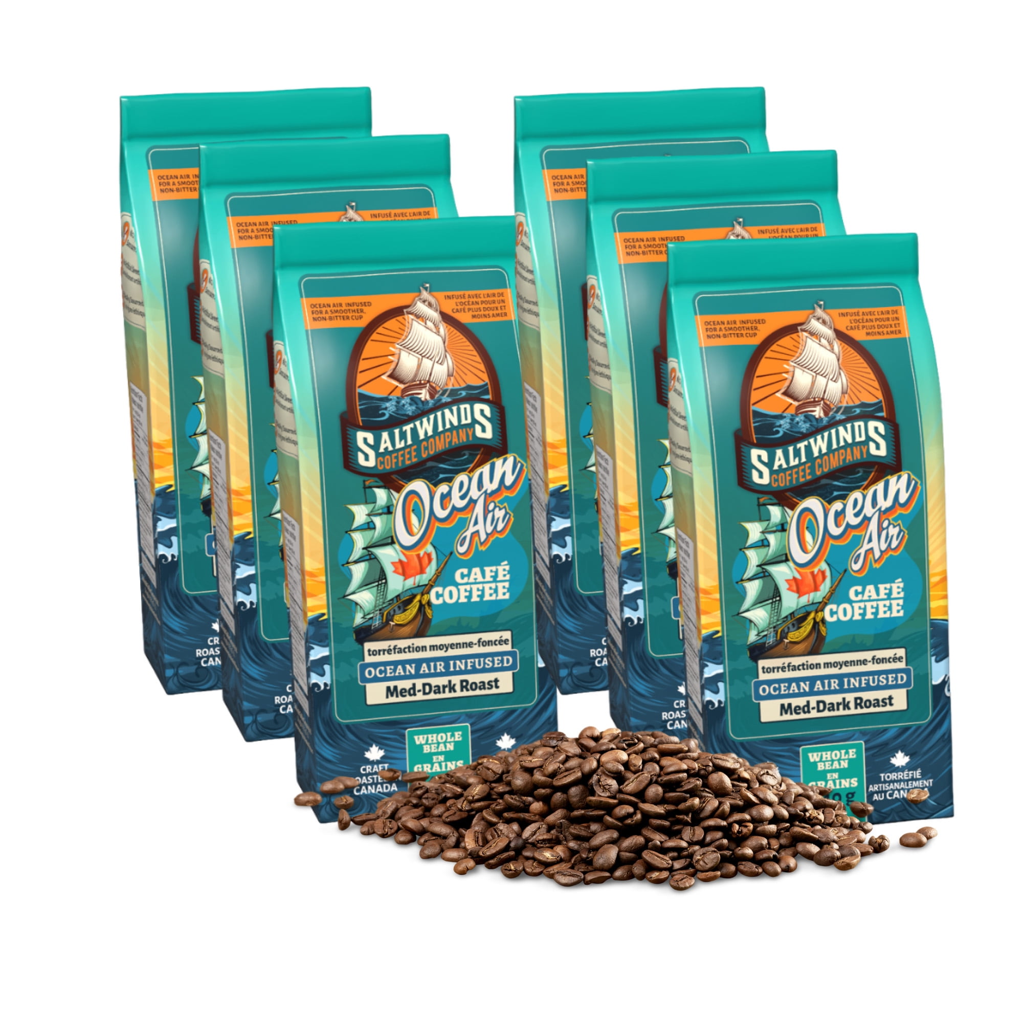 Medium Dark Roast Ocean Air Infused Coffee Bundle (6x340 g Whole Bean) | Ocean Air infused | Canadian Roasted Unflavoured Coffee Bundle - Ocean Air Medium Dark Roast