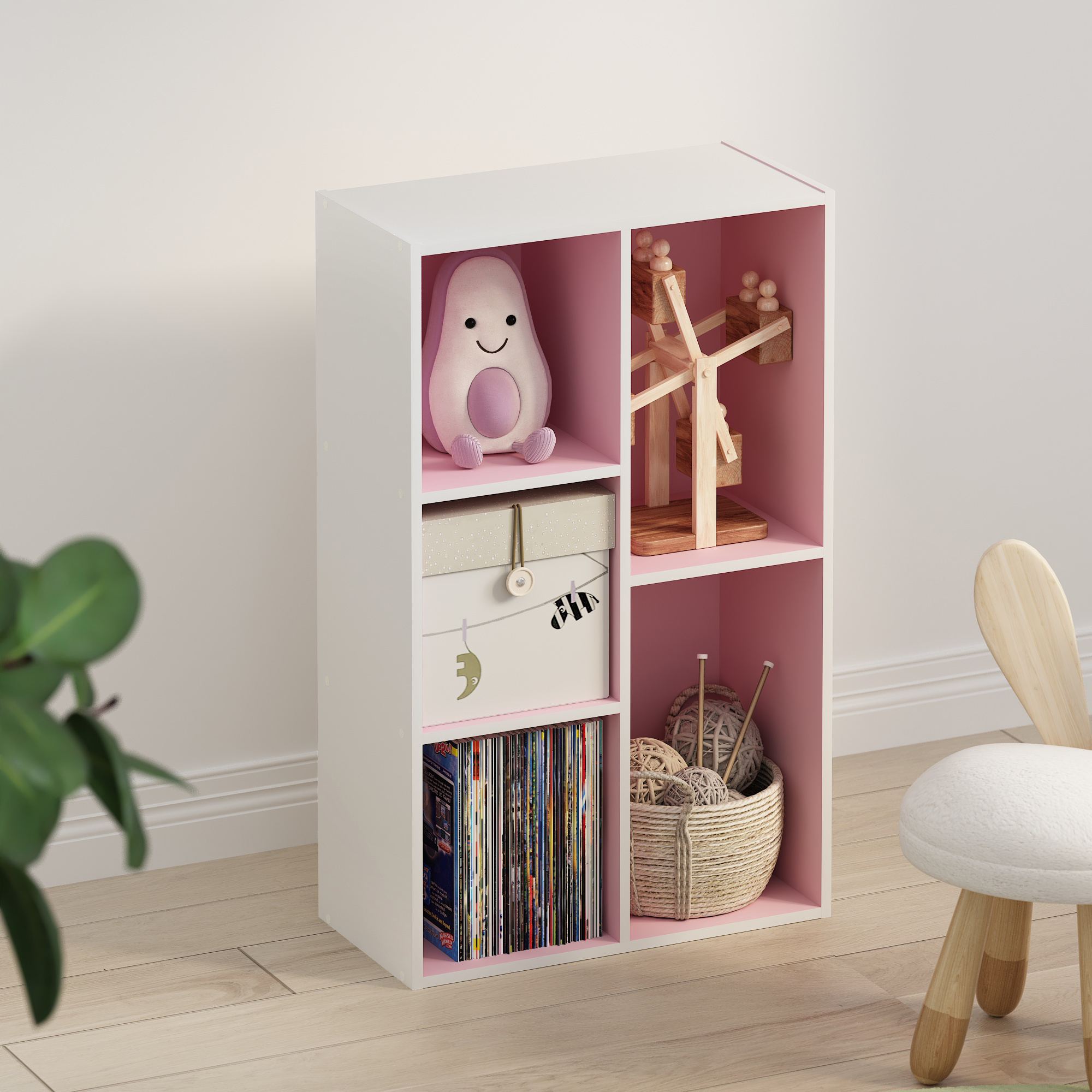 Furinno TOMI Book Shelf, 5-Cube Bookshelf, Reversible Bookcase, 9.4 x 19.5 x 31.5, for Living Room, Bedroom, Home Office, Pink