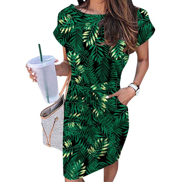 Robes Soleil pour Femmes 2023 Décontracté Femmes Décontracté Col Rond Bretelles Manches Courtes Imprimé Floral Robe Ample avec Poches Robe d'Été Chic Combishort pour Femmes en Liquidation