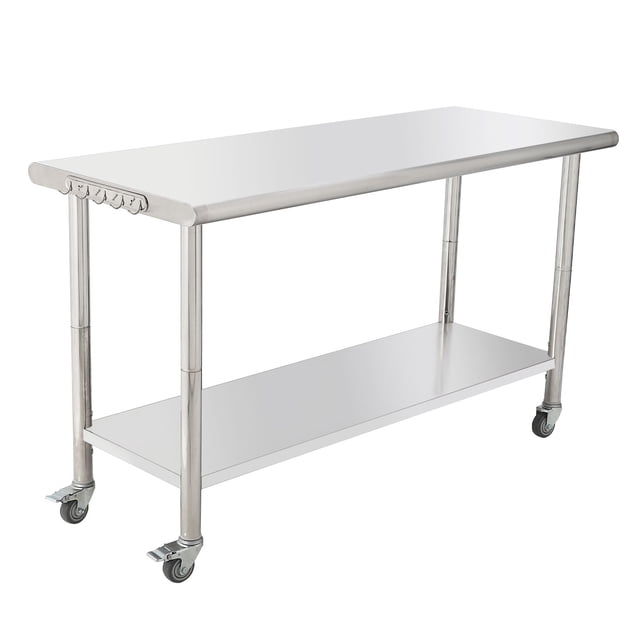 Table de Travail en Acier Inoxydable NSF - 60x24x35 Pouces - Tablette Inférieure Réglable, Robuste, avec Roulettes, Crochets, Bord Courbé, Sans Plaque Arrière, pour Restaurant, Garage et Brasseries