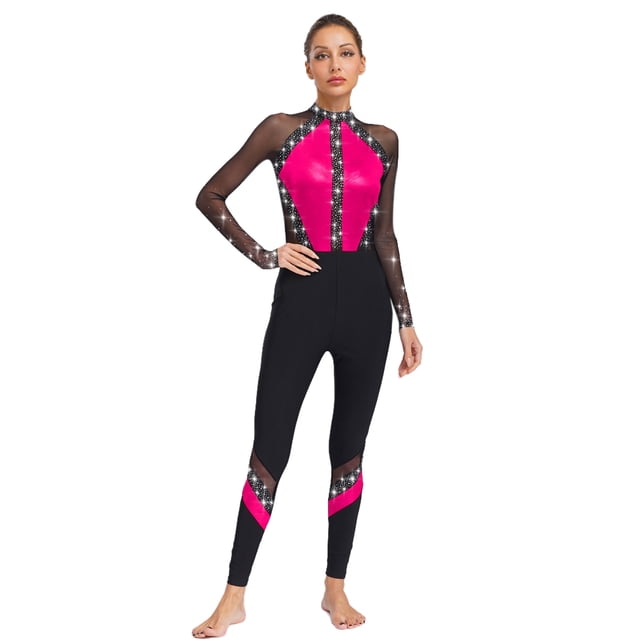 Jizyo Women's Long Sleeve Dance Unitard Shiny Rhinestone Full Body Suits One Piece Jumpsuits Hot Pink XL