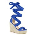 thumbnail image 1 of BLISSFUL STEP Sandales pour Femmes en Faux Suède à Plateforme Compensée à Lacets à Bout Ouvert Bleu Royal 9, 1 of 8