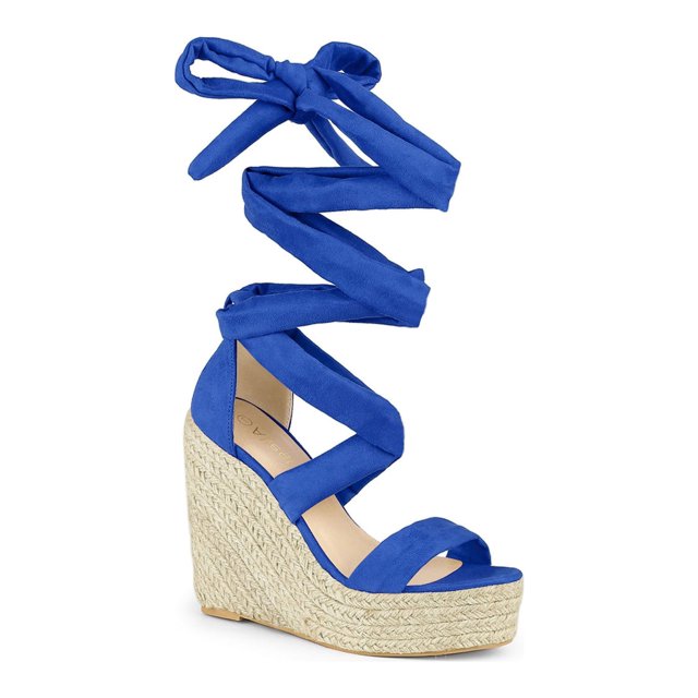 BLISSFUL STEP Sandales pour Femmes en Faux Suède à Plateforme Compensée à Lacets à Bout Ouvert Bleu Royal 9