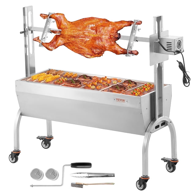 VEVOR Rôtissoire Broche Rotisserie Barbecue Grill Cochon Agneau Poulet Rôtissoire avec un Moteur de 52W et une Capacité de Charge de 198 Lb. Fabriqué en Acier Inoxydable durable, Il Comprend une Tige de Broche pour Rôtir des Animaux Entiers, des Réglages de Hauteur Ajustables et une surface de Gril de 46 Pouces pour Diverses Viandes. Comprend des Roues Détachables, des Bouteilles d'Assaisonnement, des Pinces et une Brosse pour Plus de Commodité. Convient à la Cuisson Extérieure, au camping et à un Usage Professionnel.