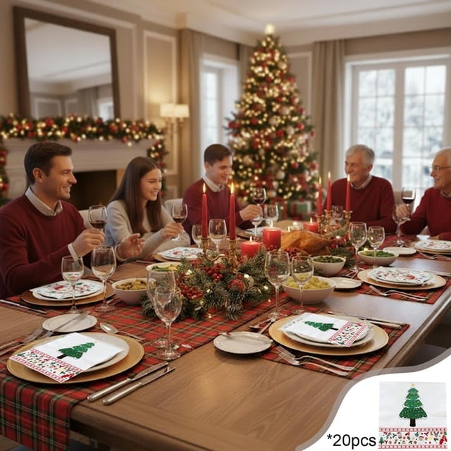 Feltree Christmas Napkins, 20 Count 3-Ply Thick Dinner Napkins with 2 Designs - Christmas Tree and Santa Claus for Holiday Party, Table Decorations, Disposable Bulk Paper Napkins