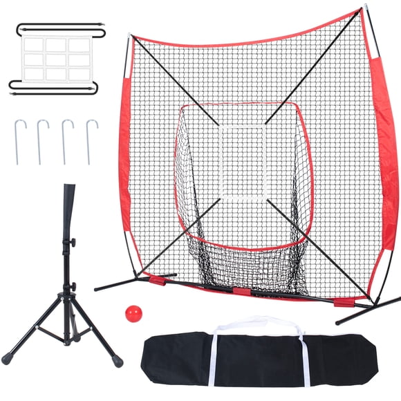 KFFKFF 7x7 ft Baseball Practceing Net, Baseball Softball Practice Net, Portable Baseball Training Net, with Bow Frame, Carry Bag, Strike Zone, Ball, Batting Tee