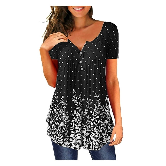 Tunique à Imprimé Floral à Col en V pour Femmes, Boutons, Manches Courtes, Blouse Ample, T-shirt pour Femmes