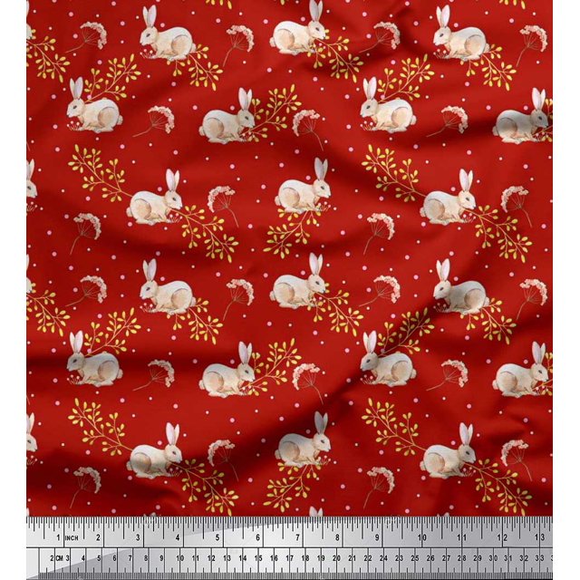 Soimoi Japan Crepe Satin Fabric Dot,Leaves & Rabbit Animal Print Sewing Fabric Yard 42 Inch Wide