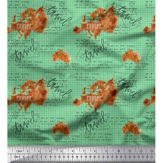 Soimoi Green Rayon Crepe Fabric Text & Europe Map Travel Print Fabric by the Yard 46 Inch Wide