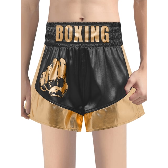Xnihocha Unisex Kids Satin Boxing Shorts Metallic Color Block Boxer Kickboxing Muay Thai Training Trunks Black&Gold 12
