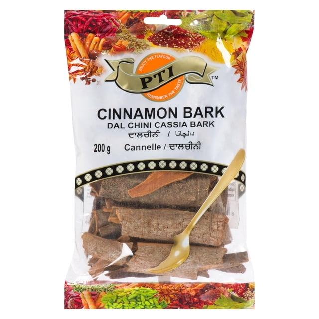 PTI Cinnamon Bark package containing 200 grams of dried cinnamon bark sticks in a clear bag with colorful Indian spice illustrations, ideal for masala and seasoning in Indian and South Asian cuisine.