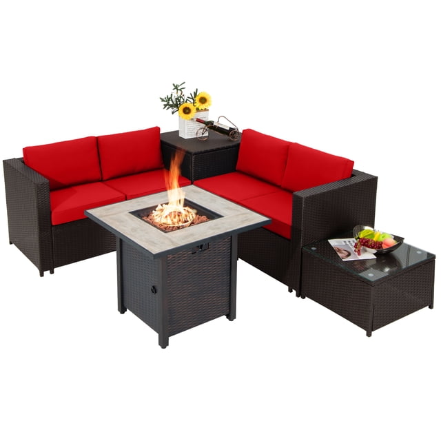 Patiojoy 5-piece outdoor patio conversation set with mix brown PE wicker sectional sofa featuring vibrant red cushions, a 30-inch gas fire pit table with ceramic top emitting flames, a tempered glass coffee table, and a storage box. The fire pit table provides 50,000 BTU heat output and doubles as a coffee table with the lid on. Designed for outdoor use with rustproof steel frames and fade-resistant materials.