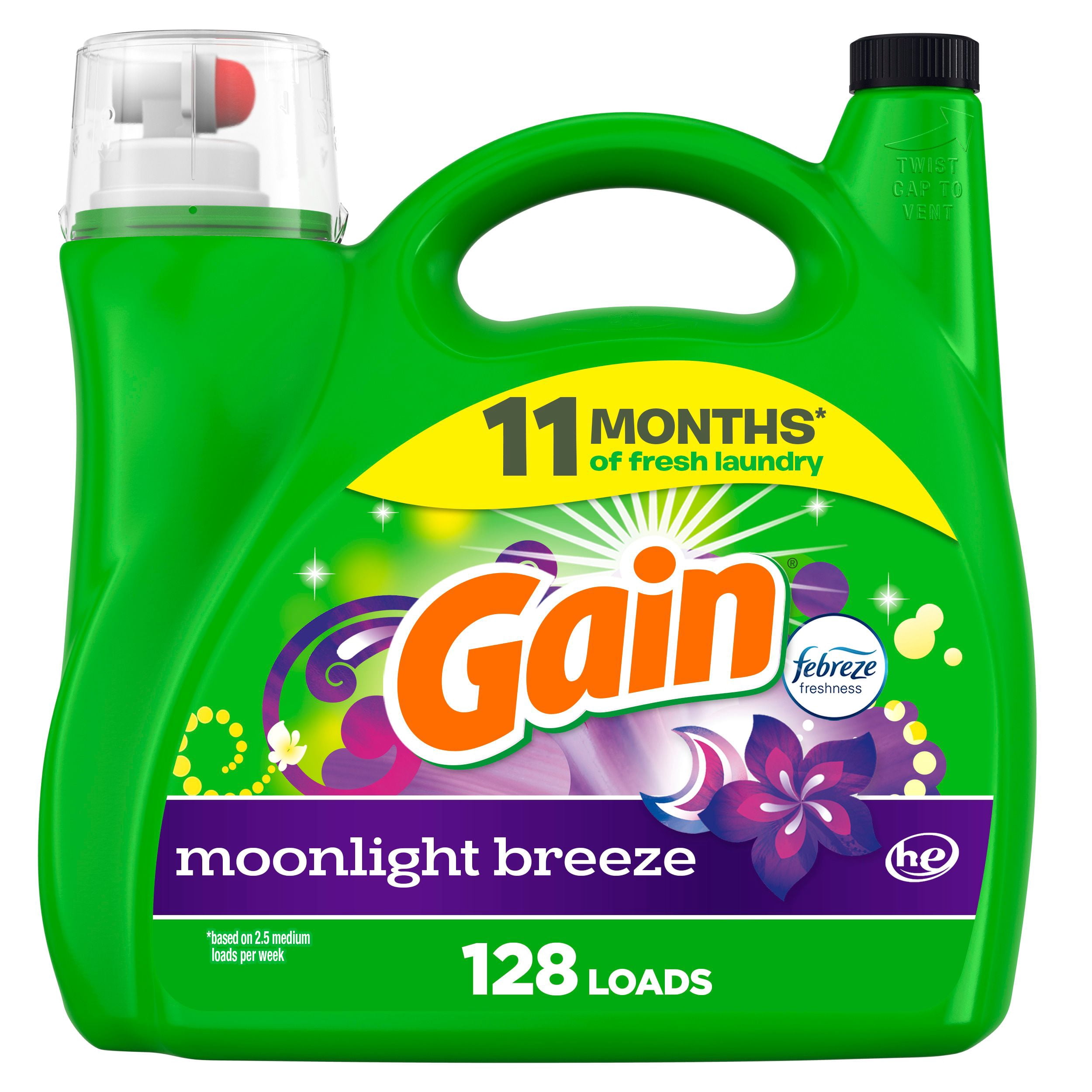 Gain Liquid Laundry Detergent, Moonlight Breeze Scent, Freshness + Odour Fighting, High efficiency washing machine iquid cleaning soap, 5.44 Litres, 128 Wash Loads