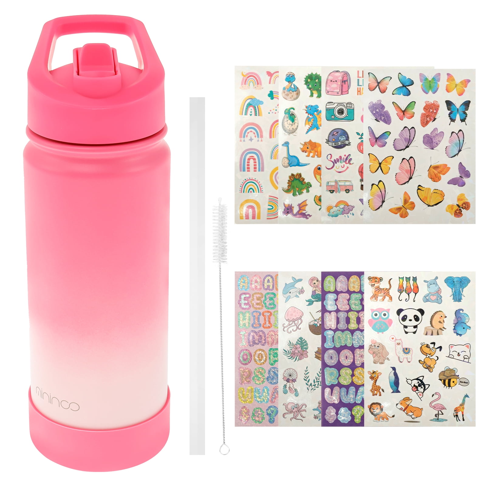 Grusce Bouteille d'Eau pour Enfants avec Couvercle à Paille 500 ml Bouteille d'Eau Isolée avec Poignée Bouteille d'Eau en Acier Inoxydable à Isolation sous Vide Bouteilles d'Eau sous Vide Étanches Réutilisables à Double Paroi sous Vide pour Enfants