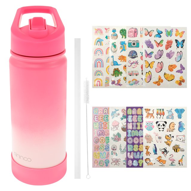 Grusce Bouteille d'Eau pour Enfants avec Couvercle à Paille, Bouteille en Acier Inoxydable Isolée de 500 ml en Dégradé Rose. Dotée d'Une Poignée en silicone, d'Une Conception Étanche et d'Une Isolation sous Vide à Double Paroi pour Maintenir la Température. Comprend une Brosse à Paille, un Manchon en silicone et 8 Feuilles d'Autocollants Colorés avec Divers Motifs comme des Papillons, des Arcs-en-Ciel et des Animaux.