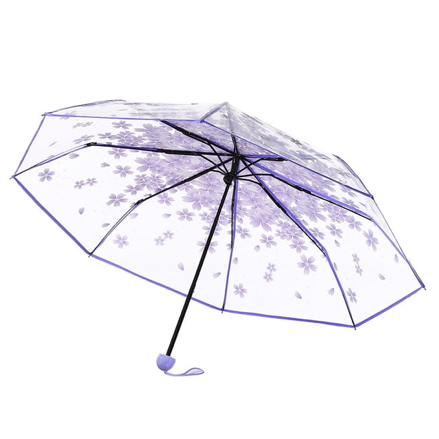 Parapluie Transparent et Clair avec Motif de Fleurs de Cerisier et accents Violets. Doté d'Un Poteau Pliable à 3 Sections pour la Portabilité, Se Déplie jusqu'à 25 cm de Longueur. Fait de Métal et de PVC, Il a une Poignée Confortable Polie Terne et un Diamètre de 93 cm Lorsqu'il Est Ouvert. Convient à la protection UV et à la Pluie, Idéal pour les Activités de Plein Air, le Magasinage Ou la Plage.