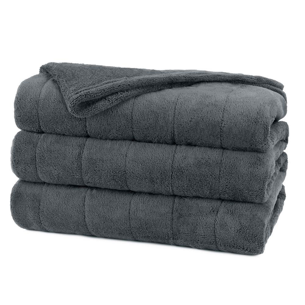 Sunbeam Channeled Velvet Plush Electric Heated Warming Blanket Queen Slate Gray SC7