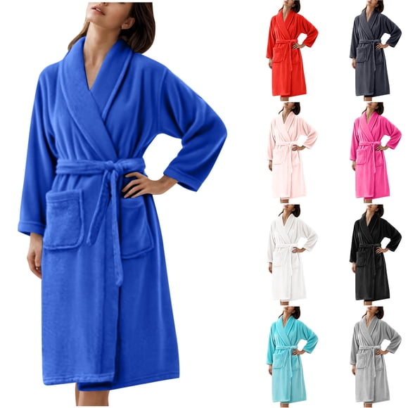 Meichang Peignoir pour Femmes à Manches Longues en Molleton Duveteux, Col Châle, Robe d'Hiver Douce, Moelleuse, Confortable et Chaude, Robe de Chambre Longueur Genou, Tenue de Détente avec Ceinture et Poches