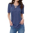 thumbnail image 3 of MY Women Solid Color Short Sleeve Tunics Lace-up V Neck Top, 3 of 7