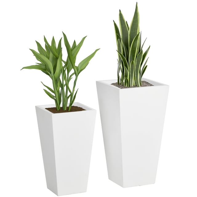 Outsunny Ensemble de 2 Pots de Fleurs d'Extérieur avec Trous de Drainage, Blanc. Deux Grands Jardinières Coniques en Oxyde de Magnésium Peint avec une Finition Blanche Résistante aux Intempéries. Chaque pot Présente des Trous de Drainage au Fond pour Prévenir l'Engorgement et un design Empilable pour un Rangement Facile. Exposé avec des Plantes Vertes, Convient aux Jardins Ou aux patios.