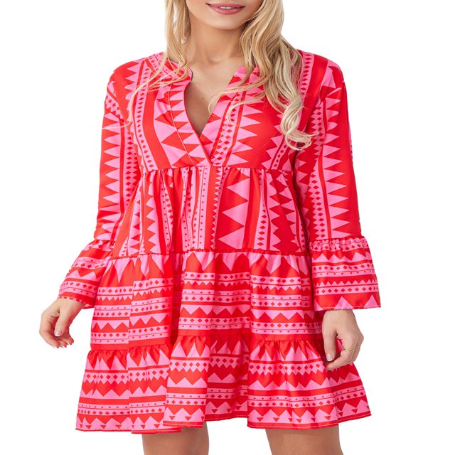 Robe Courte d'Été à Fleurs pour Femmes Boho Fluide Robes Courtes à Manches Longues Robe de Cocktail