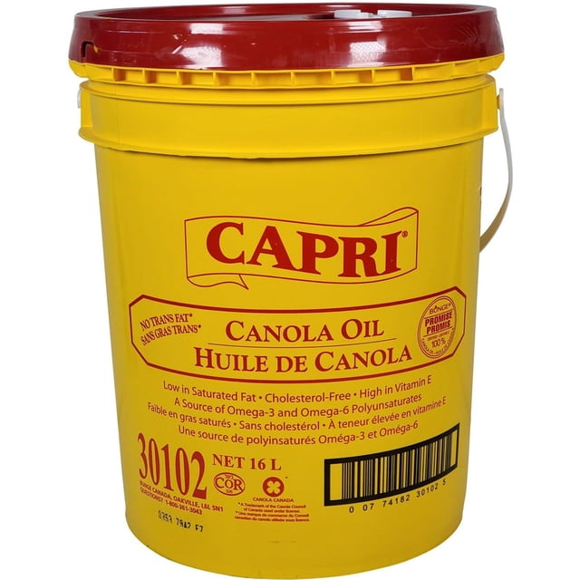 Capri Seau d'Huile de Canola, 16 Litres. un Grand Seau Jaune avec Couvercle Rouge, Présentant le logo Capri et des Détails sur le Produit en Anglais et en Français. le Seau Met en Valeur des Attributs Clés comme une Faible Teneur en Gras Saturés, Sans Cholestérol et une source d'Oméga-3 et d'Oméga-6. Convient à Diverses applications de Cuisine comme la Friture, la Pâtisserie et la Préparation de Vinaigrettes.