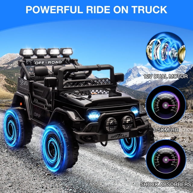 BeesClover 12V Ride On Truck Car, Battery Powered Car w/Remote Control, Spring Suspension, LED Lights, Bluetooth, 3 Speeds, Electric Car for Kids