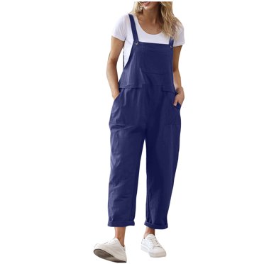 Ersazi Combinaisons Courtes pour Femmes Mode Femme Été Uni Poche Décontracté Sans Manches Salopette Combinaison en Liquidation Pantalons Chinos pour Femmes Bleu Foncé TG