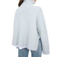 thumbnail image 3 of Women‘s Mock neck Sweaters Casual Long Sleeves Striped Print Color Block/Solid Color Side Split Loose Fit Knitted Tops, 3 of 5