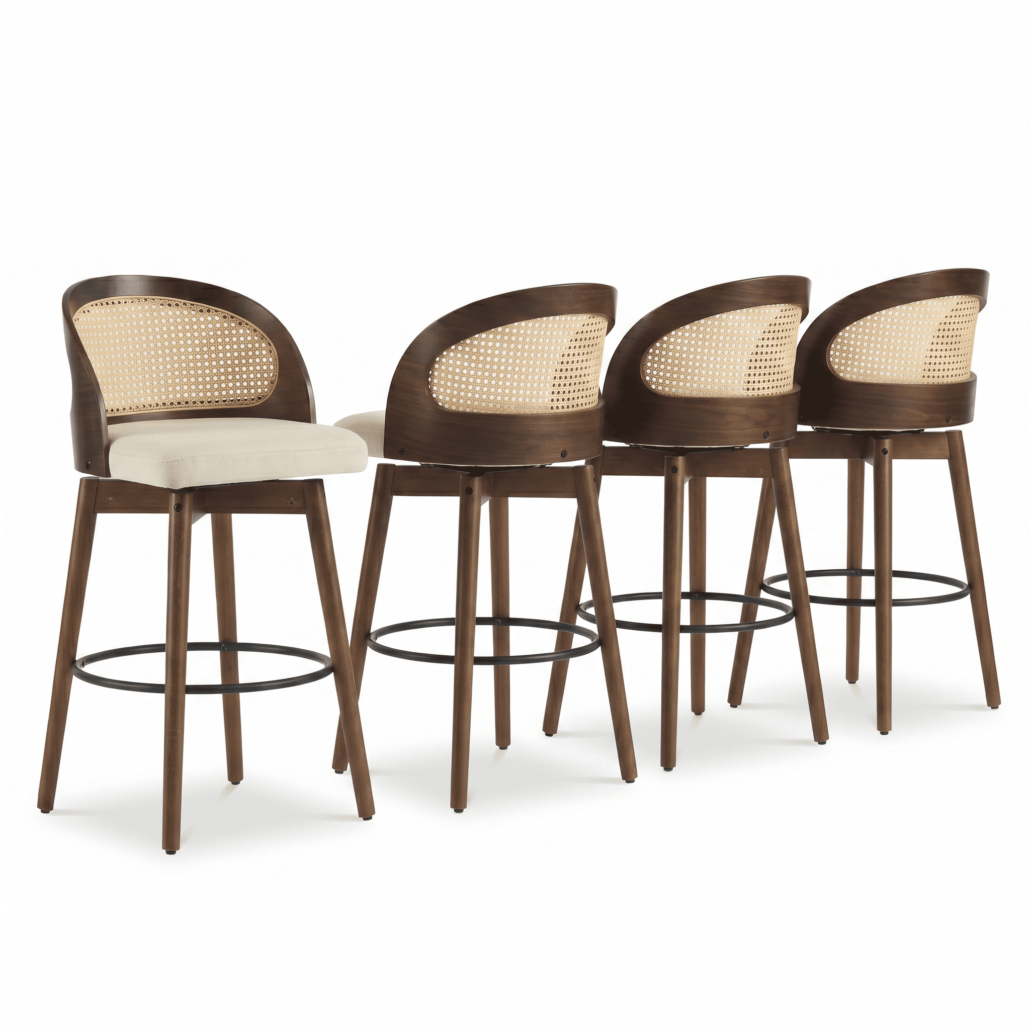 Ensemble de 4 tabourets de bar pivotants Noble House Como, dossier en rotin PE, noyer et beige