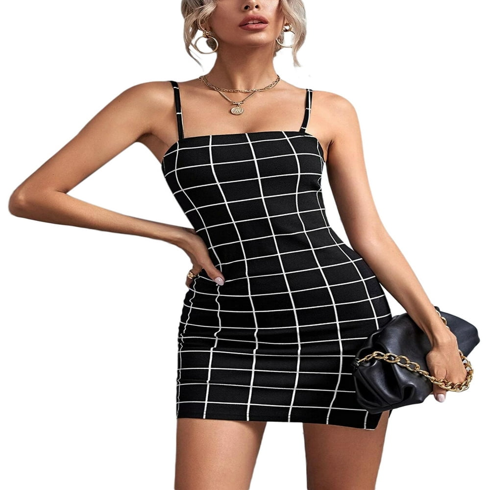 Women Plaid Mini Cami Bodycon Spaghetti Strap Split Dress